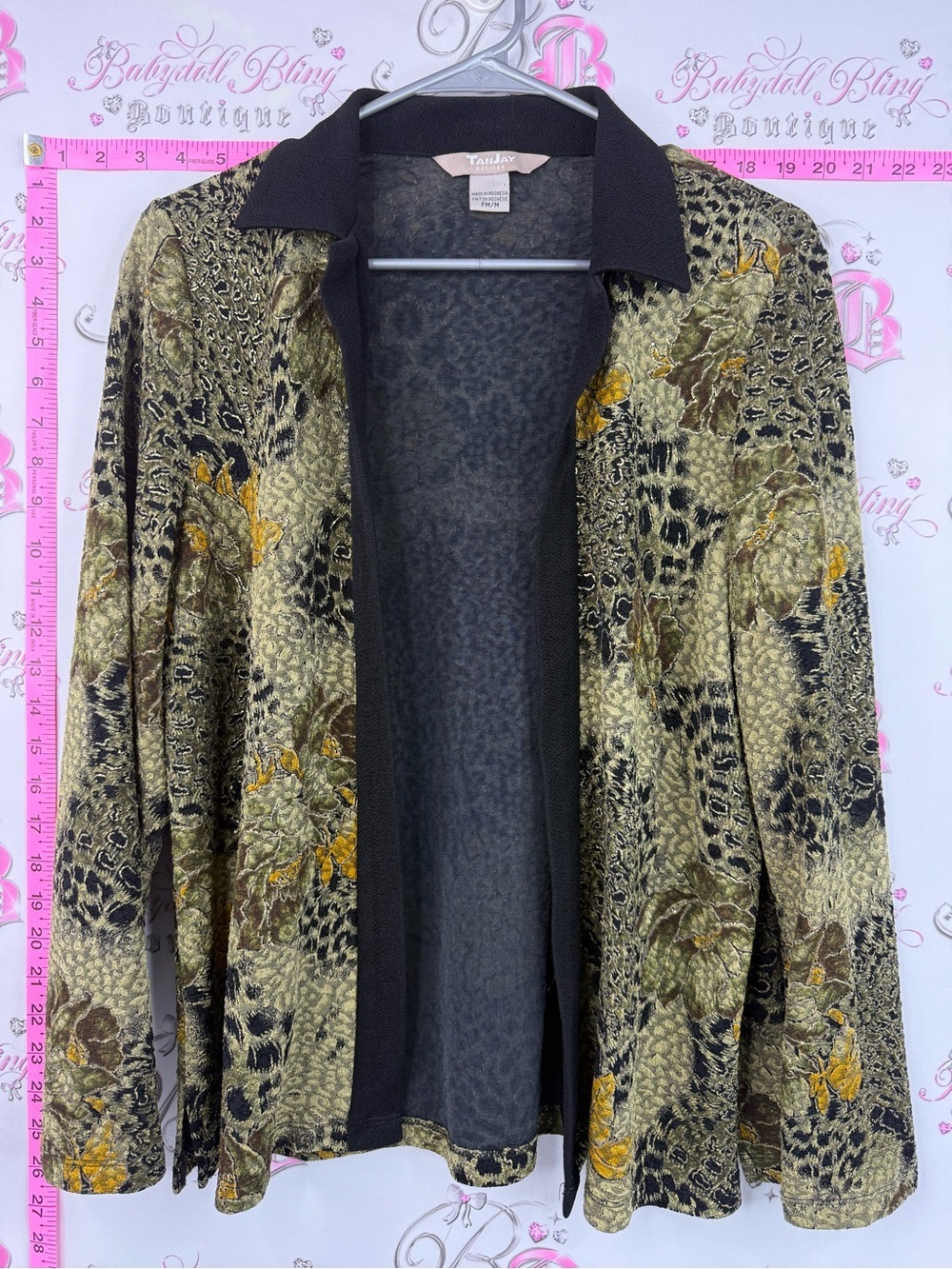 TanJay cardigan Olive Green Black Floral Velvet Cardigan